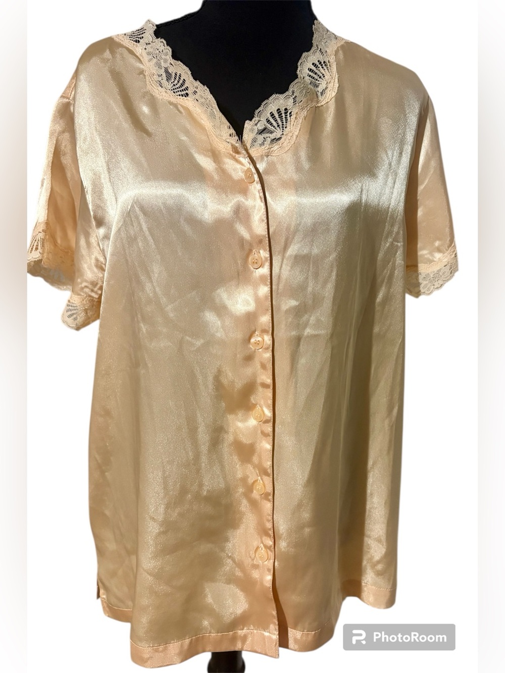 Cabernet Champagne Gold Satin Lace Trim Pajama Top Sz Small